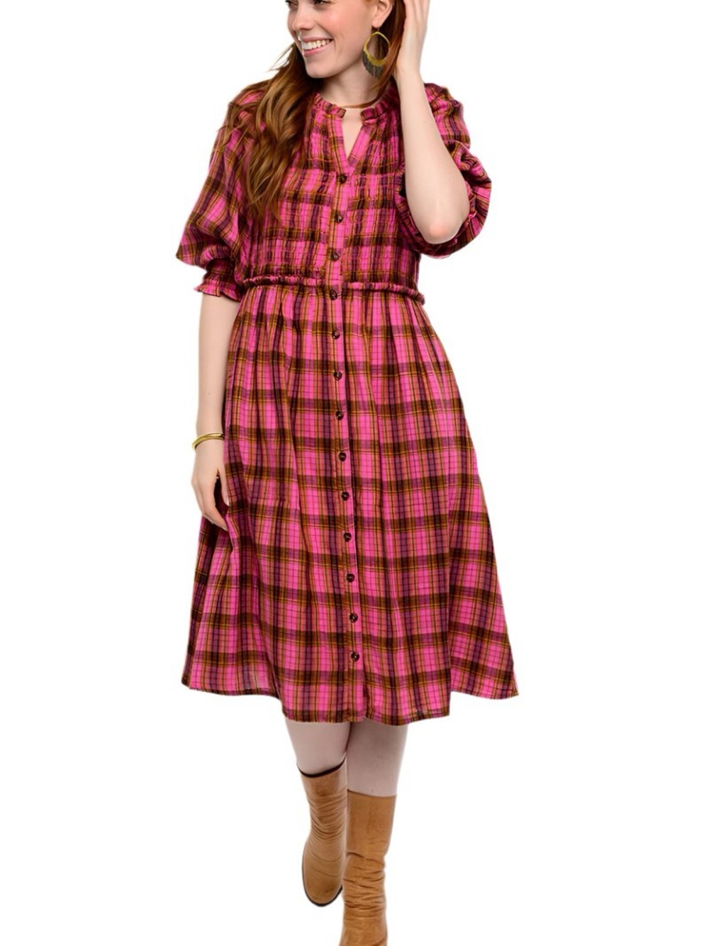 Uncle Frank By Ivy Jane Gauze Plaid Smocked Dress in Berry Style 73627